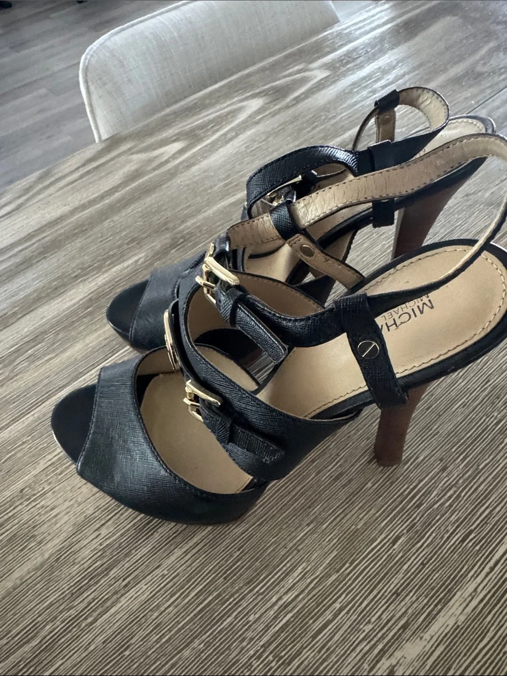 Michael Kors Black Open-Toe T-Strap Heels with Gold Hardware